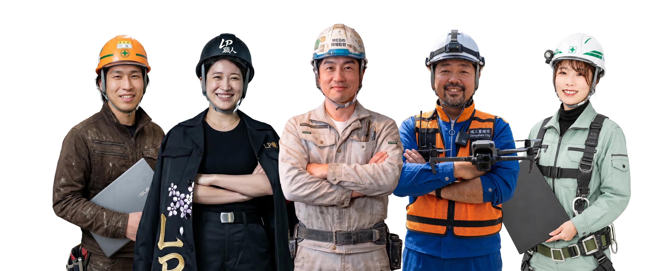 WEBの現場監督チームメンバー5名。現場監督・建設業経験者・デザイナーで構成されたAI×WEB活用サポートチーム。