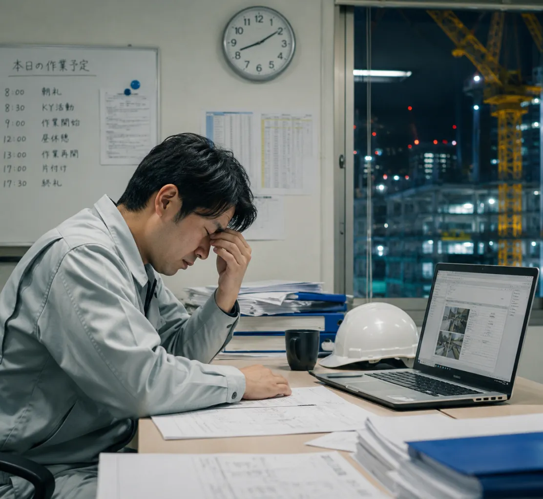 夜遅くまで書類作業に追われて疲弊している建設業の現場監督
