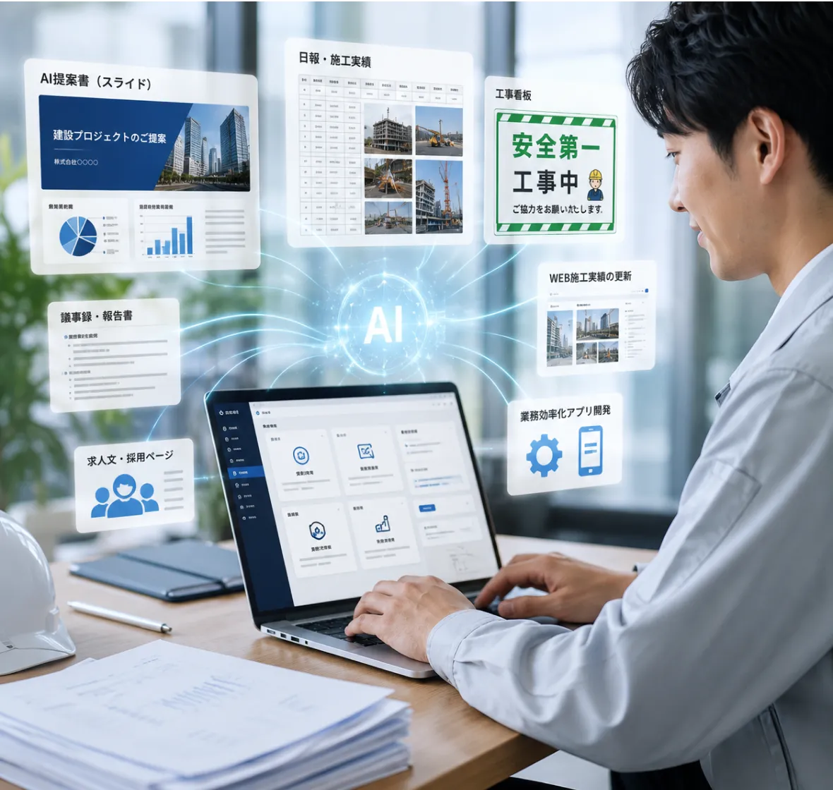 AI業務改善サポート: AI提案書・日報・工事看板など建設業のPC作業をAIで効率化するイメージ