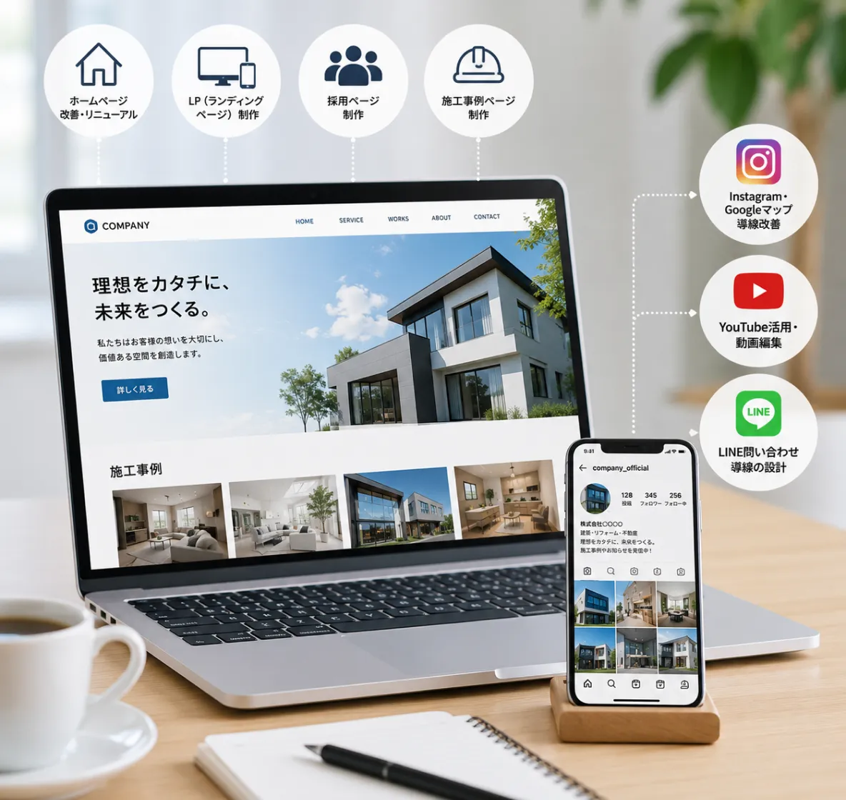WEB・集客導線サポート: ホームページ・SNS・LP制作で問い合わせ・採用・信頼獲得につながるWEB整備のイメージ