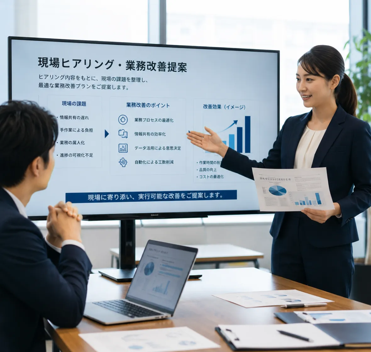 ヒアリング・業務改善提案: 現場・社内のボトルネックを整理しAI・WEB活用の改善ロードマップを提案するイメージ